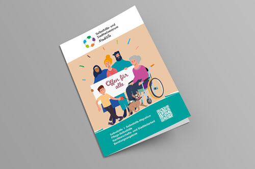 Das Cover der Trägerbroschüre zeigt diverse Menschen mit einen Plakat, das die Aufschrift "Offen für alle"  hat.